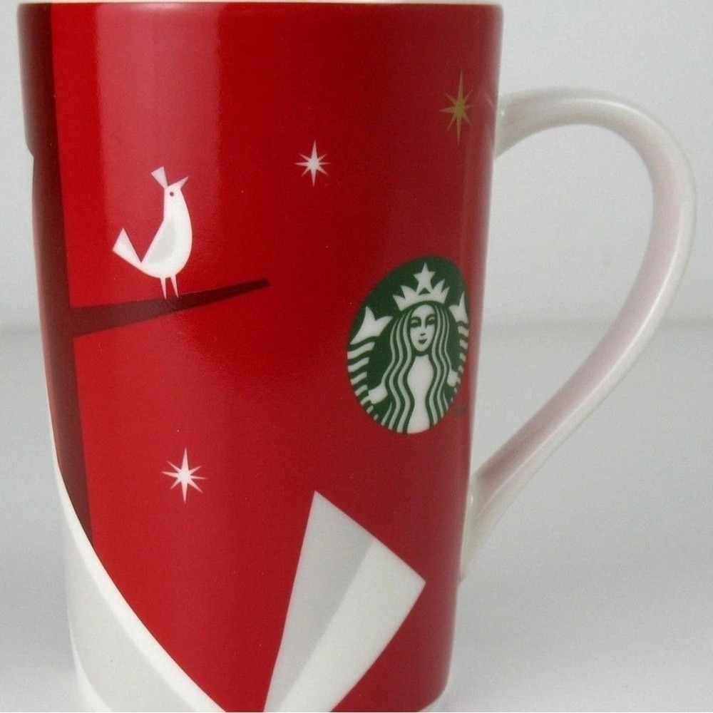 Starbucks 2012 Holiday Christmas Mug , Red With White Bird Tree And Bauble